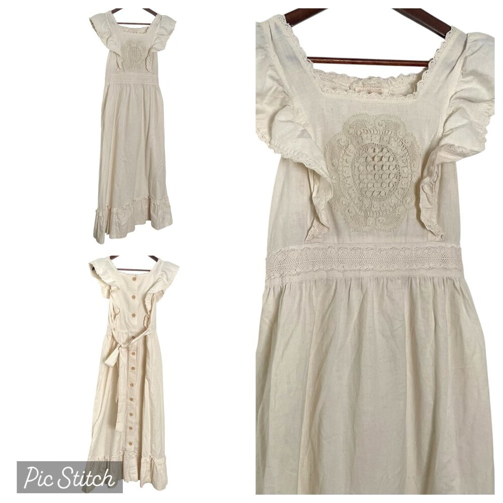 STUNNING Vintage 70s Apron Style Maxi Dress M Cream Lace Ruffle Trim Bohemian